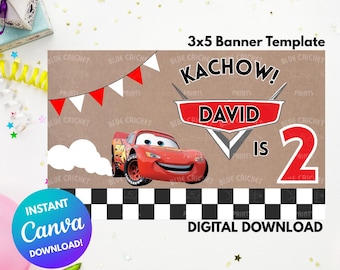 Mall för födelsedagsbanderoll för bilar – Kachow Race Car Party-dekoration – Redigerbar digital nedladdning av Canvas
