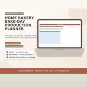 May include: A digital Home Bakery Bake-Day Production Planner displayed on a laptop screen. The interface features a spreadsheet layout with tabs for orders, production plans, ingredients, and packing progress in a Microsoft Excel workbook format.