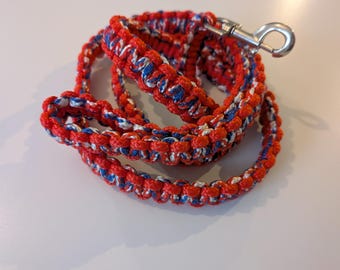 May include: A red, white, and blue braided dog leash with a silver metal clasp. The leash is coiled on a white surface, showcasing the intricate pattern of the rope.