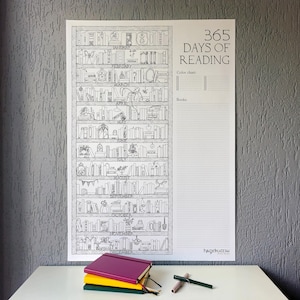 Könnte beinhalten: Ein weißes Wandposter mit dem Titel 365 DAYS OF READING, das schwarze Strichzeichnungen von Bücherregalen nach Monaten geordnet, eine Farbtabelle und einen linierten Bereich für Buchtitel zeigt. Darunter liegen drei Notizbücher und zwei Stifte.