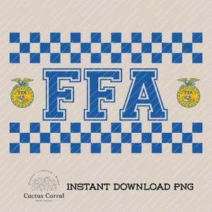 Op de afbeelding: Een digitale afbeelding met de letters "FFA" in blauw, omlijnd met wit, gecentreerd op een beige achtergrond. Blauwe en witte dambordpatronen omlijsten de boven- en onderkant. Twee gouden emblemen flankeren de letters. De tekst luidt "INSTANT DOWNLOAD PNG".