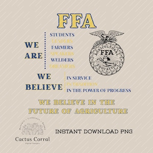 May include: A digital graphic with the text "FFA" in yellow and blue. The image includes the words "We Are" and "We Believe" with a list of words. A circular emblem with an eagle and the words "Agricultural Education" is also present. The words "We Believe in the Future of Agriculture" are also included.