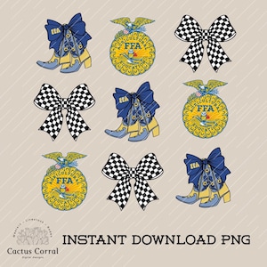 May include: A collection of digital graphics featuring blue and yellow cowboy boots with blue bows, checkered bows, and FFA emblems. The text "INSTANT DOWNLOAD PNG" is also present.