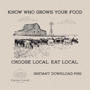 Puede incluir: Ilustración en blanco y negro de una escena de granja con un granero, un molino de viento y vacas pastando en un campo. El texto dice "KNOW WHO GROWS YOUR FOOD" y "CHOOSE LOCAL. EAT LOCAL."
