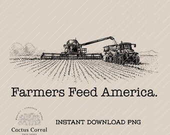 Könnte beinhalten: Schwarz-Weiß-Illustration eines Mähdreschers und Traktors auf einem Feld. Der Text "Farmers Feed America" ist darunter zu sehen, zusammen mit dem Cactus Corral-Logo und "Instant Download PNG".
