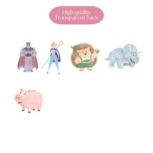 May include: Watercolor illustrations of cartoon characters, including a purple villain, a blue-clad cowgirl, a hedgehog in green overalls, a blue triceratops, and a pink piggy bank. The text "High quality Transparent back" is displayed.