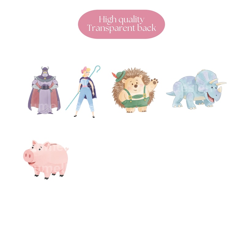 May include: Watercolor illustrations of cartoon characters, including a purple villain, a blue-clad cowgirl, a hedgehog in green overalls, a blue triceratops, and a pink piggy bank. The text "High quality Transparent back" is displayed.