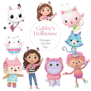 May include: A digital illustration featuring characters from "Gabby's Dollhouse." The image includes a girl with brown hair and several cat-themed characters in various poses. The text "Gabby's Dollhouse" is in the center, along with image details.