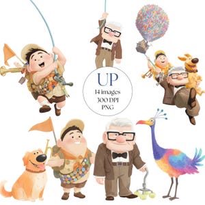 UP Watercolor Clipart PNG Bundle, Carl and Ellie, Russel and Dug, Balloon House, Up Movie, Birthday Cake Topper, Instant Download, Clip Art