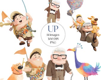 UP aquarel clipart PNG bundel, Carl en Ellie, Russel and Dug, Balloon House, Up Movie, verjaardagstaarttopper, Instant Download, Clip Art