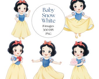 Baby Snow White Cute Watercolor Clipart, Snow White PNG, Princess Clipart, Hand drawn, Watercolor Snow White Clipart, Princess Party Decor