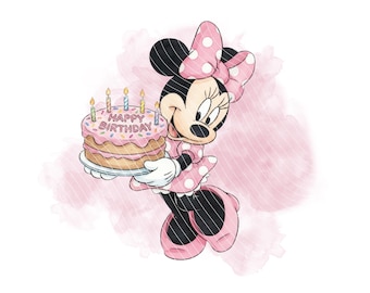 Różowy tort urodzinowy Myszki Minnie, akwarelowy klipart, do druku, ozdoba na tort urodzinowy, dekoracja na przyjęcie z Myszką Minnie, akwarelowy klipart urodzinowy