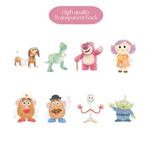 May include: Watercolor illustrations of various characters, including a dachshund, a green dinosaur, a pink bear, a doll, a potato head, a character with a mustache, a fork, and an alien. The text "High quality Transparent back" is at the top.
