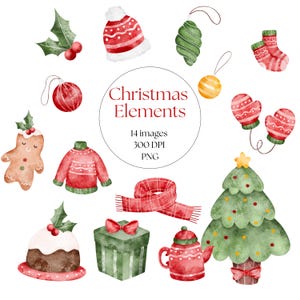 May include: Watercolor illustration of Christmas elements, including a tree, ornaments, mittens, a scarf, and a gingerbread man. The image also includes a red and white hat, a sweater, a gift box, a teapot, and a Christmas pudding. Text reads "Christmas Elements".