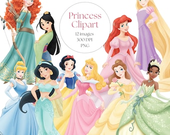 Prinses clipart aquarel PNG bundel, Assepoester, Sneeuwwitje, Rapunzel, Frozen, Tiana & Aurora, verjaardagstaarttopper, Instant Download