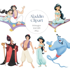 Può includere: Una collezione di immagini clipart a tema Aladdin. Le immagini includono personaggi come Aladdin, Jasmine, Genio e Jafar. Il testo "Aladdin Clipart" è visualizzato in un cerchio, insieme al conteggio delle immagini, DPI e tipo di file.