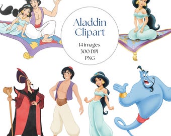 Clipart de acuarela de Aladdin Jasmine, Las mil y una noches PNG, Genio, Abu el mono, Alfombra voladora, Imprimible, Adorno para tarta de cumpleaños