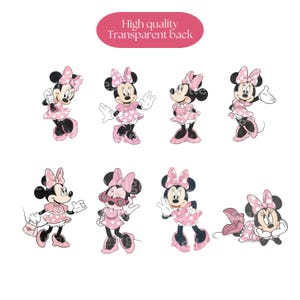 Op de afbeelding: Een verzameling van acht Minnie Mouse-illustraties in verschillende poses. Elke Minnie Mouse-figuur draagt een roze jurk met witte stippen en een bijpassende strik. De tekst "High quality Transparent back" wordt weergegeven op een roze ovaal.