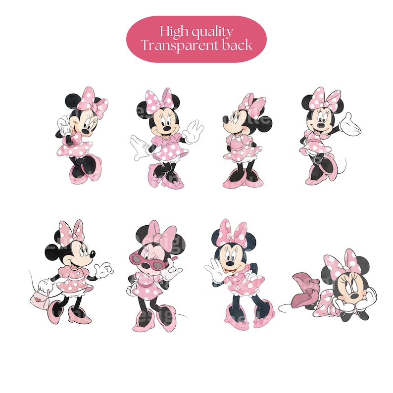 Op de afbeelding: Een verzameling van acht Minnie Mouse-illustraties in verschillende poses. Elke Minnie Mouse-figuur draagt een roze jurk met witte stippen en een bijpassende strik. De tekst "High quality Transparent back" wordt weergegeven op een roze ovaal.