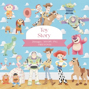 Peut inclure: Illustration numérique avec les personnages du film d'animation "Toy Story". L'image comprend Woody, Buzz l'Éclair, Jessie et d'autres personnages. Le texte "Toy Story" est affiché en évidence, avec des détails sur la résolution et le type de fichier de l'image.