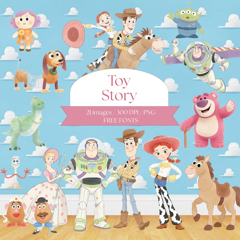 Toy Story Watercolor Cliparts, Woody Jessie Buzz Watercolor PNG, Buzz Lightyear, Rex, Forky Watercolor, Printable, Birthday Cake Topper