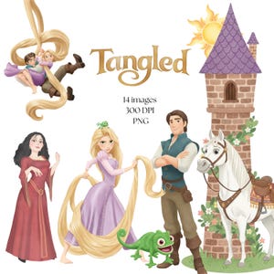 Rapunzel Tangled Watercolor Clipart, Blondie, Princess Birthday, Maximus, Tower, Pascal, Printable, Birthday Cake Topper