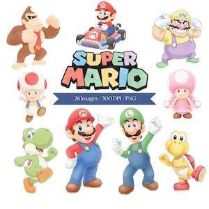 May include: Watercolor illustrations of Super Mario characters, including Mario, Luigi, Donkey Kong, and others. The Super Mario logo is displayed in colorful block letters. The image also includes the text "26 images / 300 DPI / PNG".