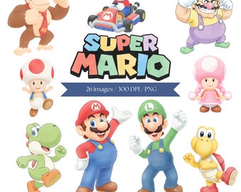 Super Mario Bros Watercolor Clipart Bundle, Mario and Luigi PNG, Birthday Cake Topper, Princess Peach, Toad, Party Decor, Instant Download