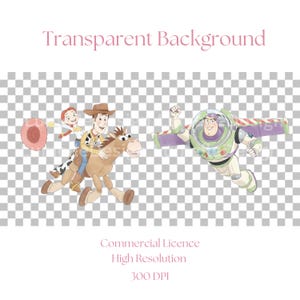 May include: Watercolor illustration featuring characters from a popular animated film. Woody, Jessie, and Bullseye are depicted, along with Buzz Lightyear. The image has a transparent background and includes the text "Transparent Background", "Commercial Licence", "High Resolution", and "300 DPI".
