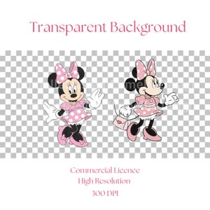 Op de afbeelding: Twee stripfiguren, Minnie Mouse, worden afgebeeld tegen een transparante achtergrond. Ze dragen roze jurken met witte stippen, bijpassende strikken en schoenen. E&eacute;n zwaait, de ander draagt een handtas. De afbeelding bevat ook tekst.