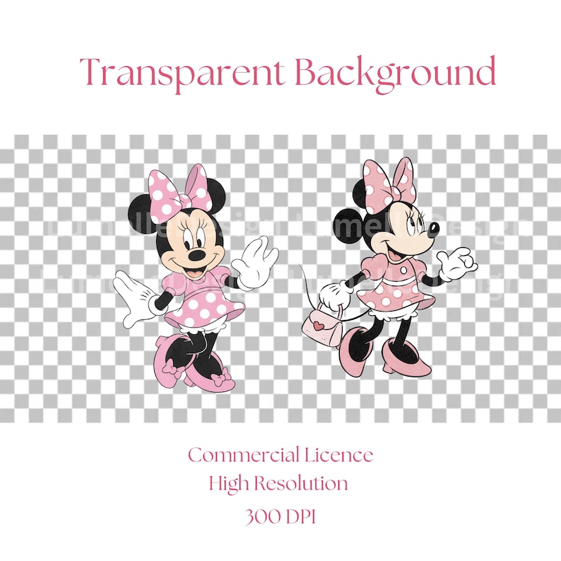 Op de afbeelding: Twee stripfiguren, Minnie Mouse, worden afgebeeld tegen een transparante achtergrond. Ze dragen roze jurken met witte stippen, bijpassende strikken en schoenen. E&eacute;n zwaait, de ander draagt een handtas. De afbeelding bevat ook tekst.