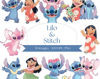 Lilo and Stitch Watercolor Clipart PNG Bundle, Lilo Angel Clipart, Cute Lilo PNG, Stitch PNG, Birthday Cake Topper, Instant Download