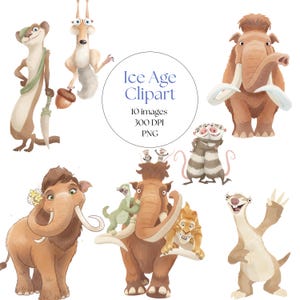 Puede incluir: Ilustraciones en acuarela de personajes de la película animada "Ice Age". La imagen incluye una ardilla dientes de sable, un perezoso, un mamut y otros personajes. El texto "Ice Age Clipart" está en un círculo.