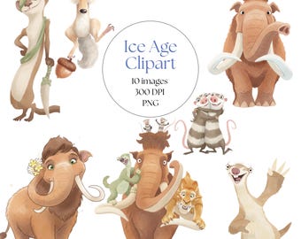 Ice Age Watercolor Clipart, Ice Age PNG, Manny, Sid, Diego, Scrat, Ellie, Crash & Eddie, Peaches, Buck, Mammoth, Hand Drawn, Bundle