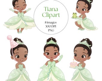 Cute Baby Tiana Watercolor Clipart, Princess Tiana, Green Dress Crown Cute Girl, Printable, Hand Drawn, Birthday Cake Topper, PNG