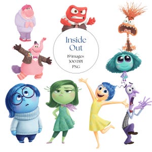 May include: A selection of vibrant cartoon characters from the film "Inside Out". The characters include Joy, Sadness, Anger, Fear, Disgust, and others. The image also features the text "Inside Out", "19 images", "300 DPI", and "PNG".