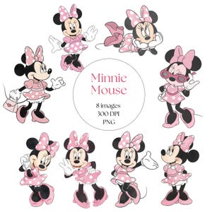 Könnte beinhalten: Eine Sammlung von acht Minnie Mouse-Bildern in verschiedenen Posen. Jede Cartoonfigur trägt ein rosa Kleid mit weißen Punkten, eine passende Schleife und schwarze Schuhe. Der Text "Minnie Mouse" wird in einem Kreis zusammen mit Bilddetails angezeigt.