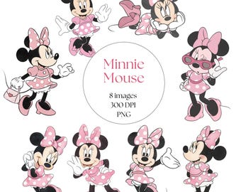 Minnie Mouse Clipart, Minnie Mouse PNG, Minnie Watercolor Clipart Set, Cute Cartoon, Baby Shower, Printable, Birthday Cake Topper