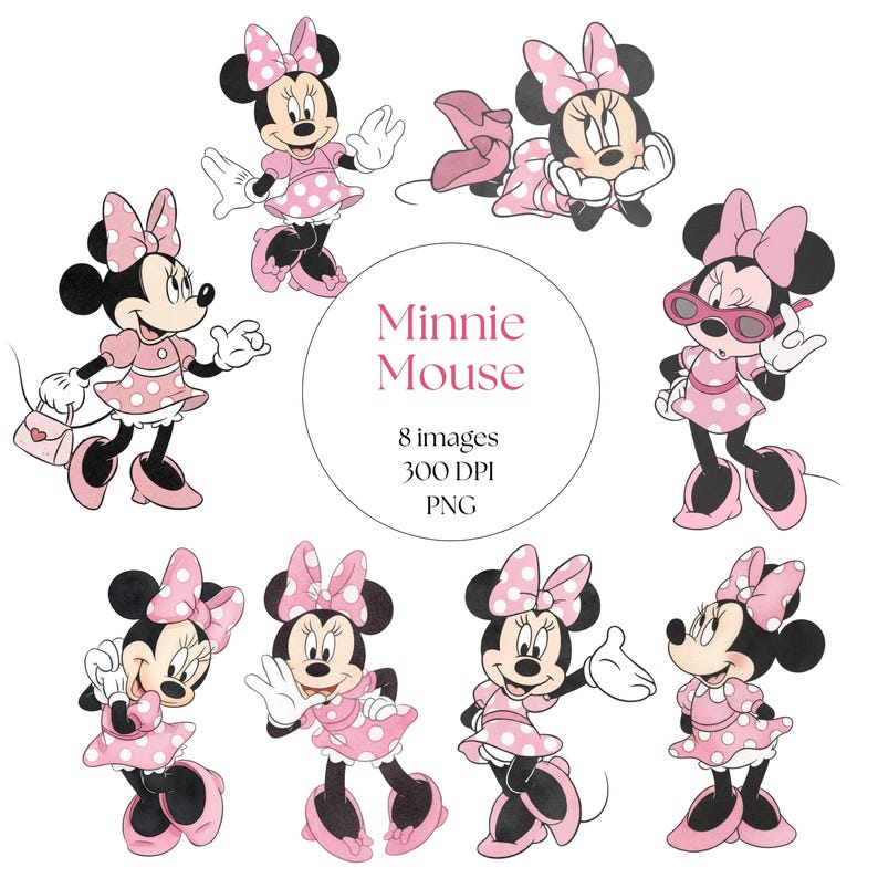 Minnie Mouse Clipart, Minnie Mouse PNG, Minnie Watercolor Clipart Set, Cute Cartoon, Baby Shower, Printable, Birthday Cake Topper