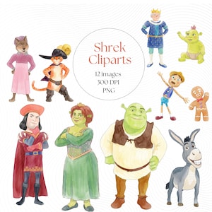 Könnte beinhalten: Aquarellillustrationen von Charakteren aus dem Film Shrek. Das Bild zeigt Shrek, Fiona, Esel, Kater, und andere Charaktere. Der Text im Bild lautet "Shrek Cliparts, 12 images, 300 DPI, PNG."