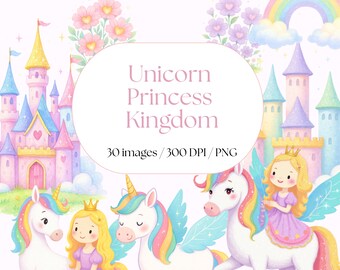 Clipart de unicornio y princesa pastel, clipart de unicornios de acuarela y pegaso para cumpleaños, poni arcoíris y castillo PNG, conjunto de clipart para niños