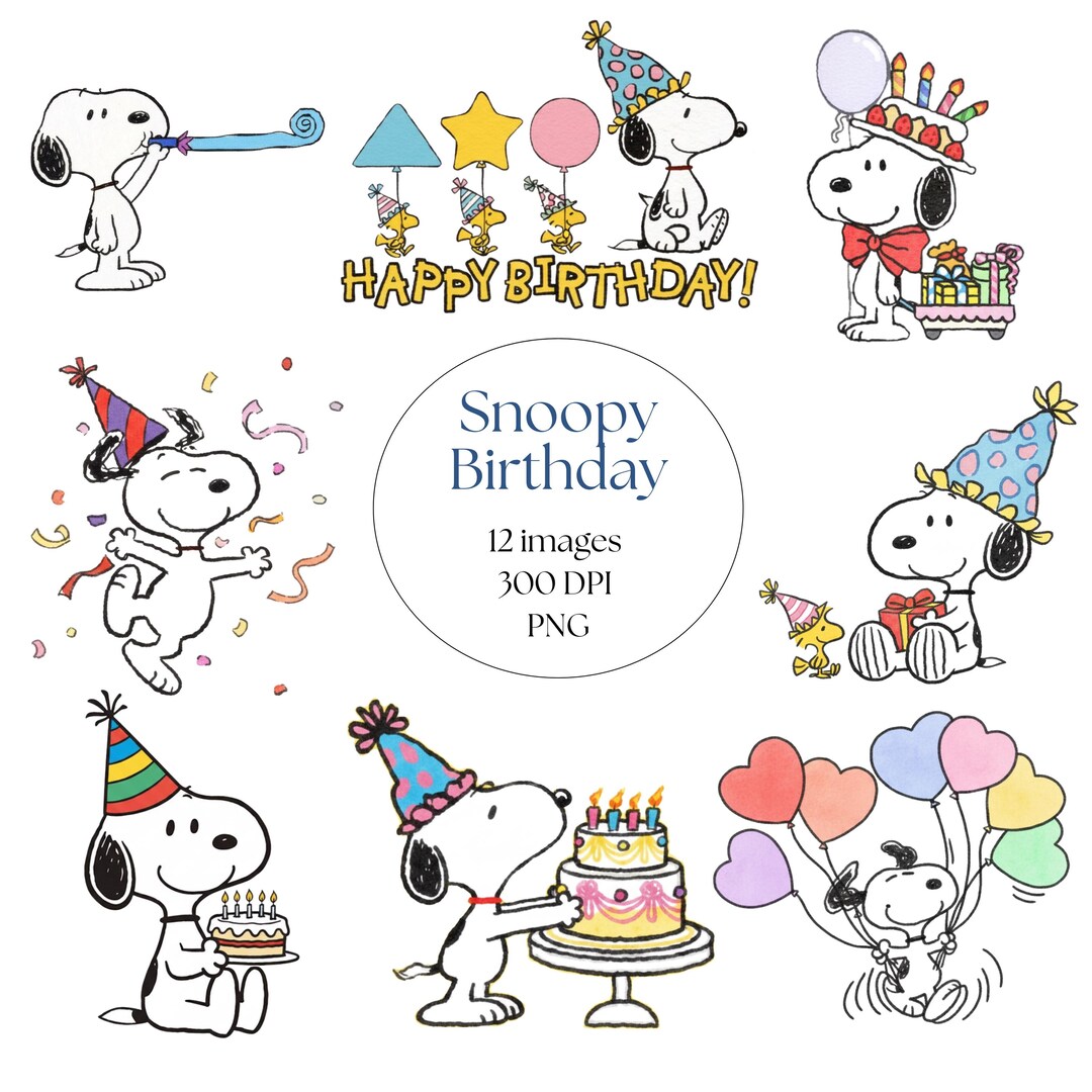 Snoopy Birthday Watercolor Clipart PNG Bundle, Birthday Cake Topper ...