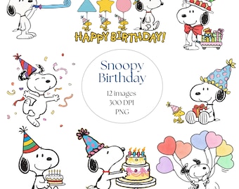 Snoopy Birthday Watercolor Clipart PNG Bundle, Birthday Cake Topper, Peanuts PNG Clip Art, Hand Drawn Snoopy, Instant Digital Download