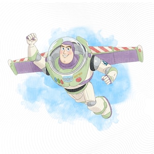 May include: Illustration of Buzz Lightyear in flight, wearing his signature green and white spacesuit with purple accents. He is smiling and has his fist raised, with wings extended. The background features a blue watercolor wash.