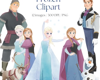 Frozen clipart aquarel png, prinses Anna Elsa, Kristoff & Olaf, prinses clip art bundel, verjaardagstaart topper, instant digitale download