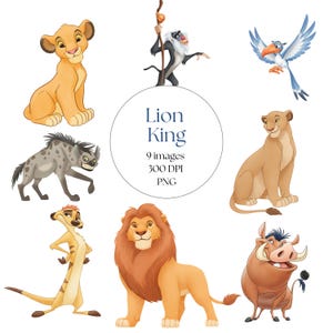 May include: A collection of watercolor illustrations featuring characters from the Lion King. The image includes Simba, Rafiki, Zazu, Nala, Timon, Pumbaa, Scar, and a hyena. The text in the center reads "Lion King, 9 images, 300 DPI, PNG."