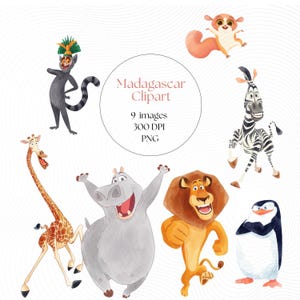 Op de afbeelding: Waterverf clipart met personages uit de film Madagascar. De afbeelding bevat een giraffe, nijlpaard, leeuw, pinguïn, zebra, maki en een klein eekhoornachtig dier. De tekst in de afbeelding luidt "Madagascar Clipart, 9 images, 300 DPI, PNG."