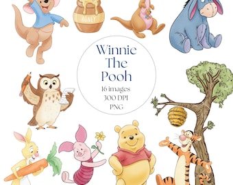 Winnie the Pooh Watercolor Clipart PNG, Baby Shower & Gender Reveal Party Decorations, Birthday Cake Topper, Nursery Decor Cutouts