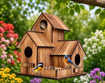 Wooden Birdhouse for Outside, Large 3-Hole Bird Feeder House for Bluebirds, Cardinals, Finches, Garden Gift