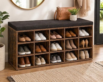 Rustic Brown Shoe Bench with Storage and Padded Seat, 15 Cubby Organizer